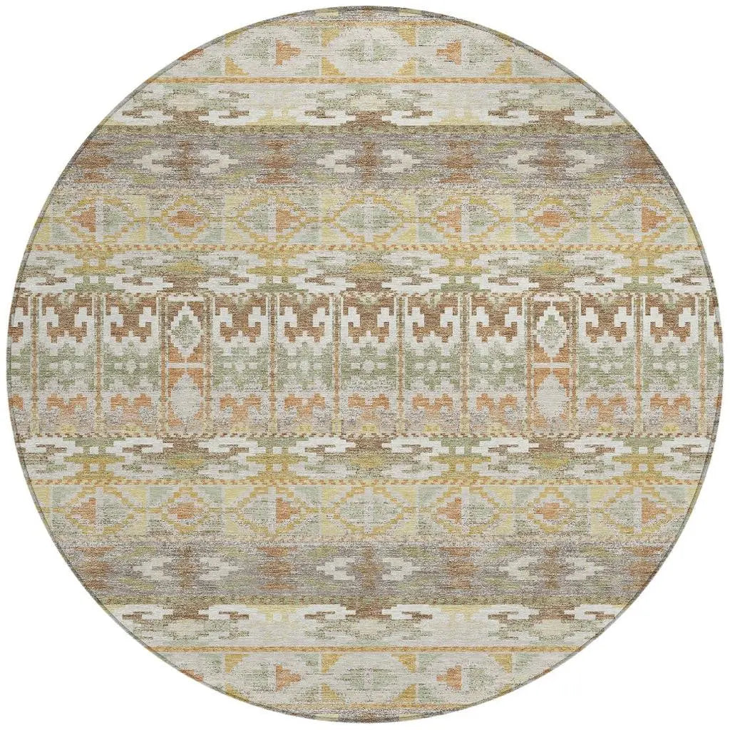 8' Linen And Ivory Round Geometric Washable Indoor Outdoor Area Rug Homeroots Outdoor